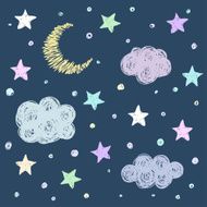Doodle good night card background template with stars moon clouds N2