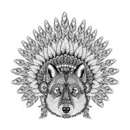 Hand Drawn Zentangle Wolf in Feathered War bonnet high datailed