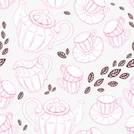Seamless pattern with hand drawn tea porcelain service and leaves