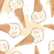 Hand drawn ice cream in a waffle cone seamless pattern