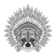 Hand Drawn Raccoon in Feathered War bonnet zentangle