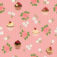 Seamless pattern with cartoon daisies roses and cakes