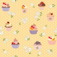 Seamless pattern with cartoon daisies roses and cakes N2