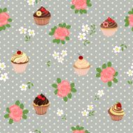 Seamless pattern with cartoon daisies roses and cakes N3