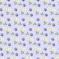 Seamless pattern with cartoon daisies and traces of cat paws