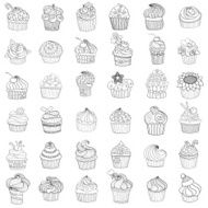 Sketches of cakes and cupcakes isolated on white Vector illustr