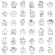 Sketches of cakes and cupcakes isolated on white