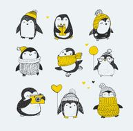 Cute hand drawn penguins set - Merry Christmas greetings