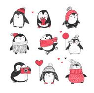 Cute hand drawn penguins set - Merry Christmas greetings N2