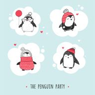 Cute hand drawn penguins set - Merry Christmas greetings N4