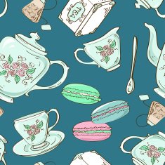 Seamless pattern of tea set and French macaroons