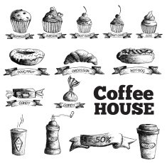 Sketch set drawn stylized hand painted background cofee house menu N3