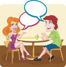 smiling young couple talking and drinking coffee