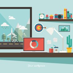 work desk and accessories with a window view of mountain