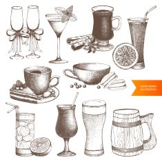 Vector set of different vintage drinks for menu design N3