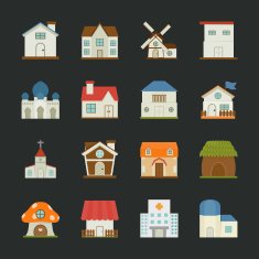 City and town buildings icons flat design