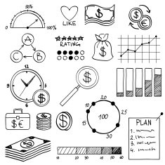 Hand draw doodle elements money and coin icon chart graph