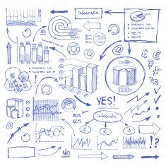 Doodle Blue Business Charts and Arrows on White