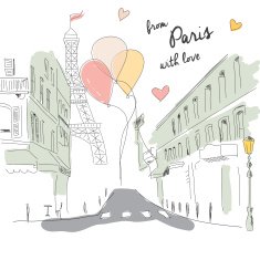 Postcard from Paris street Eiffel tower and balloons hand drawn