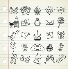 set of simple valentine icon in doodle style