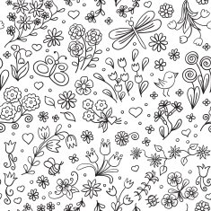 Floral black and white seamless pattern in doodle style