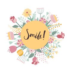 Smile! brush handwritten lettering background and card with floral frame