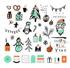Hand drawn sketch Merry Christmas and Happy New Year set