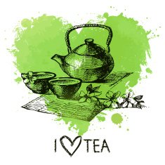 Tea background with splash watercolor heart and sketch