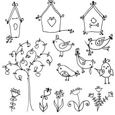 set of cute birds tree and bird's nesting boxes