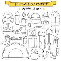Vector doodle set of hiking and camping equipment Tourism icons