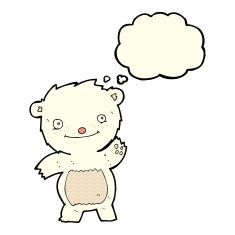 cartoon waving polar bear cub with thought bubble