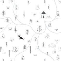 Seamless pattern with deer forest trees house trail