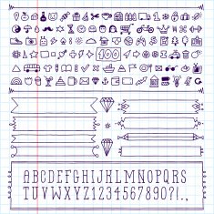 Vintage hand drawn design icon set and alphabet School notebook