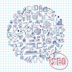 Doodle seo concept with icons on Notepaper Circle