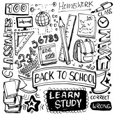 School elements sketch in black and white