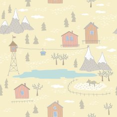 Seamless pattern with houses mountains and lake
