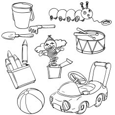 Toys collection in black and white