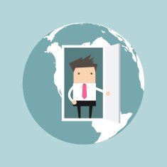 Businessman opens door from the globe