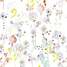 Floral seamless pattern with bird sketch