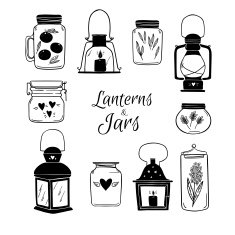 Hand drawn vector illustration - Set of Lanterns and Jars