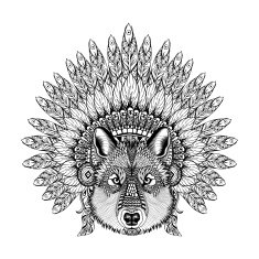 Hand Drawn Zentangle Wolf in Feathered War bonnet high datailed