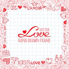 Hand drawn frame from love elements and cute hearts