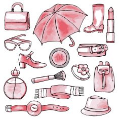 Woman accessories hand drawn pink set
