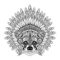 Hand Drawn Raccoon in Feathered War bonnet zentangle