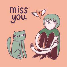 Vector girl and funny cat Card with ''miss you'' text