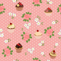 Seamless pattern with cartoon daisies roses and cakes