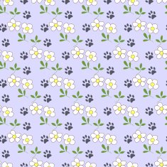 Seamless pattern with cartoon daisies and traces of cat paws