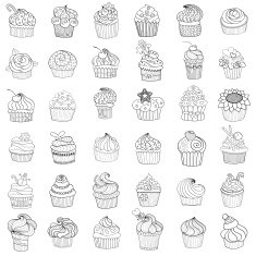Sketches of cakes and cupcakes isolated on white Vector illustr