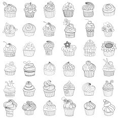 Sketches of cakes and cupcakes isolated on white