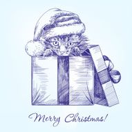 Christmas kitten in Santa stocking hat hand drawn vector llustration